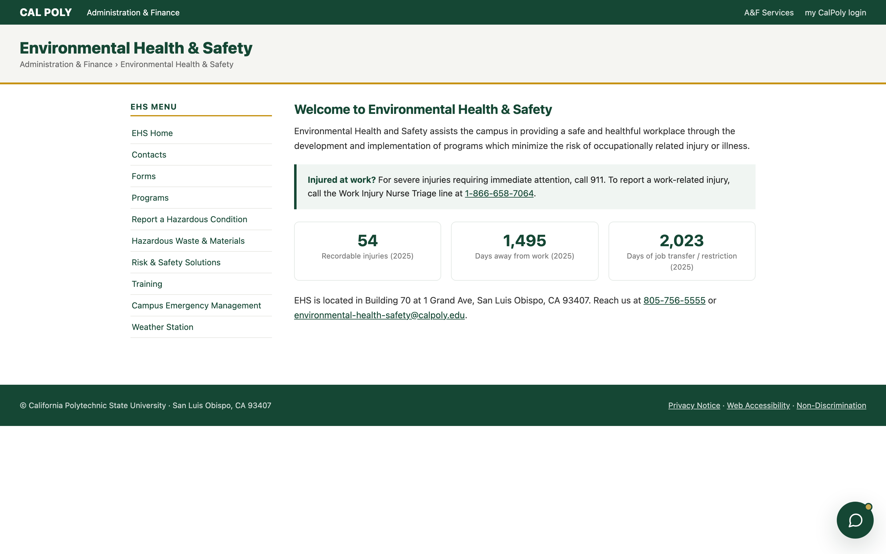 Cal Poly EHS website with the Rudy chat launcher in the corner.