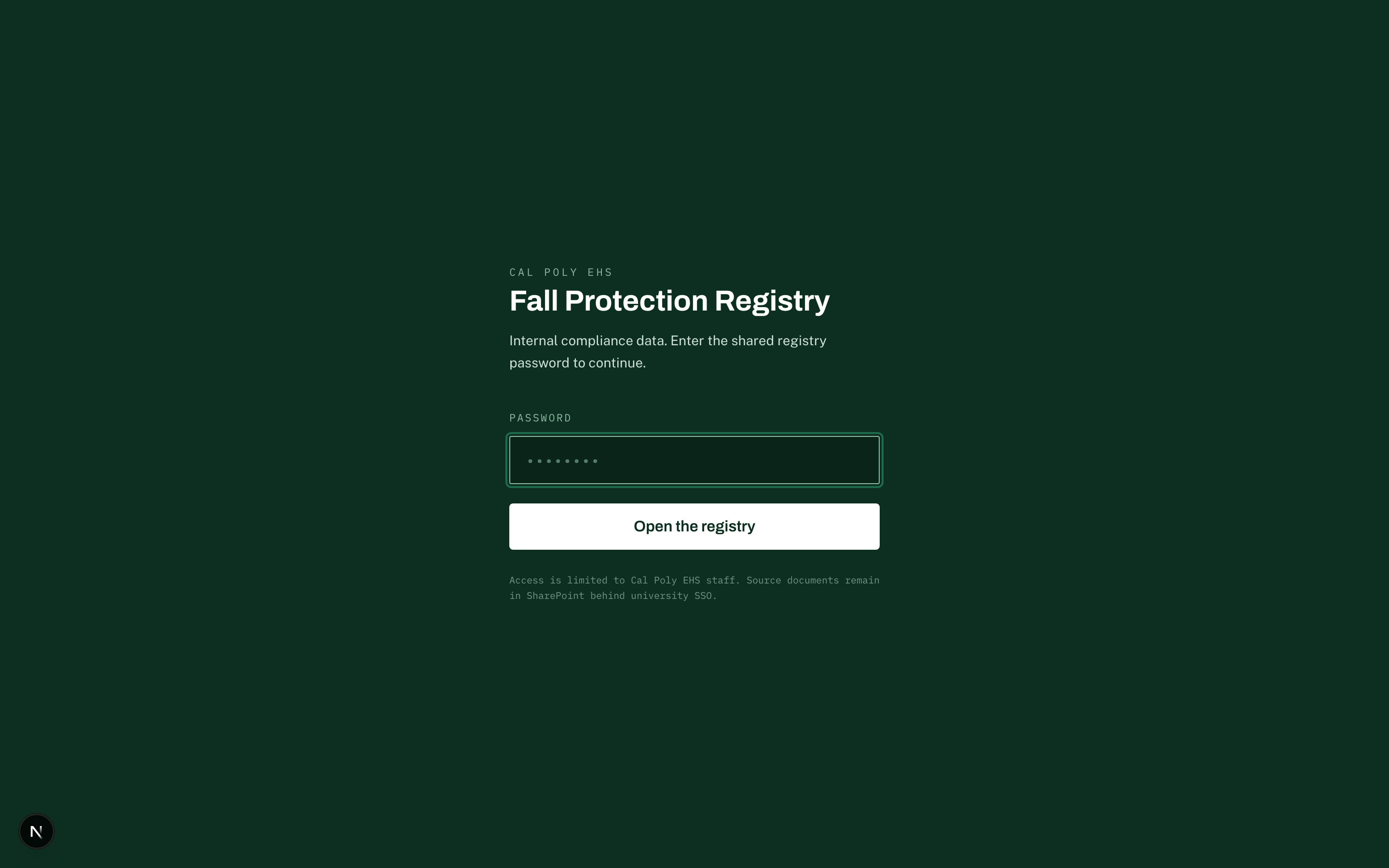 Fall Protection Registry sign-in screen with an empty password field.