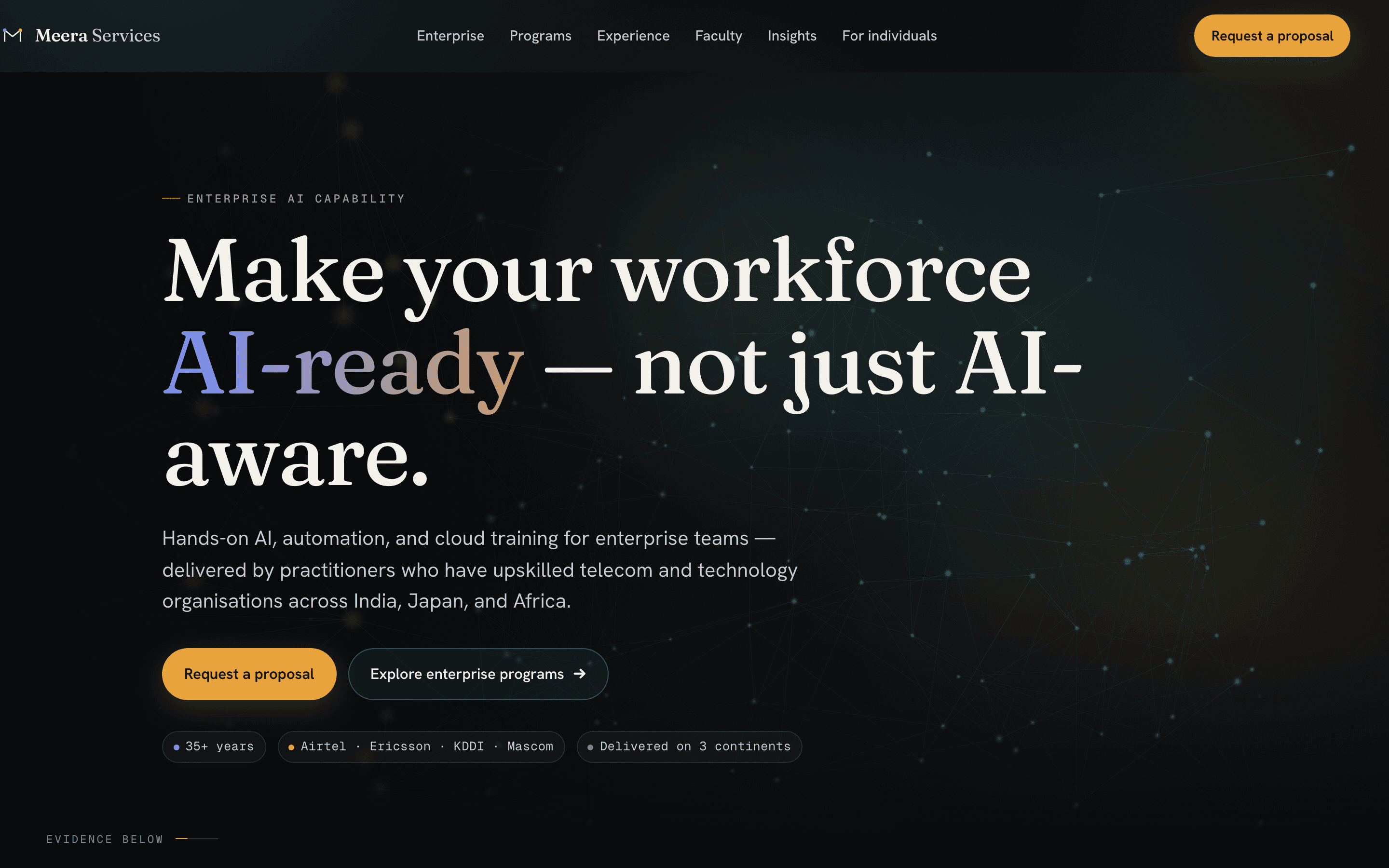 Meera Services homepage introducing workforce AI training and program discovery.