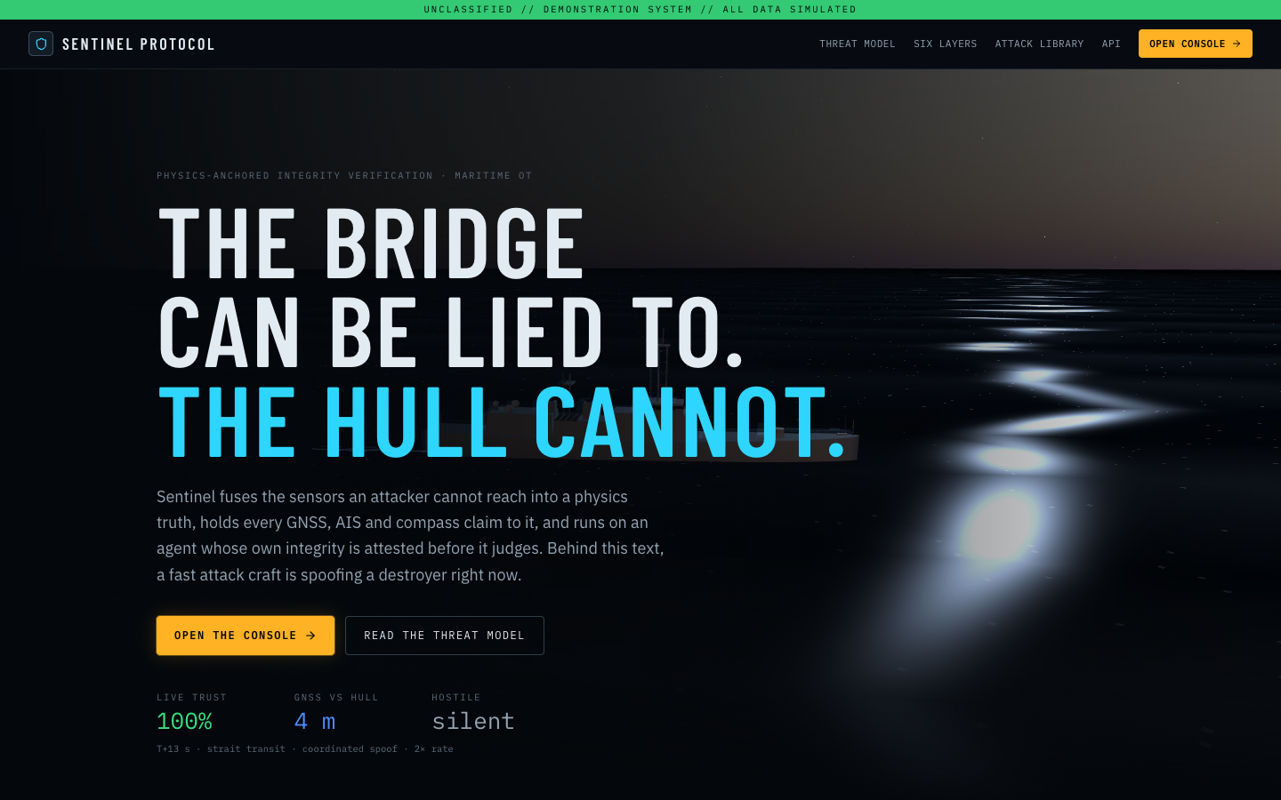 Sentinel Protocol landing page: the bridge can be lied to, the hull cannot, over a live simulated strait.