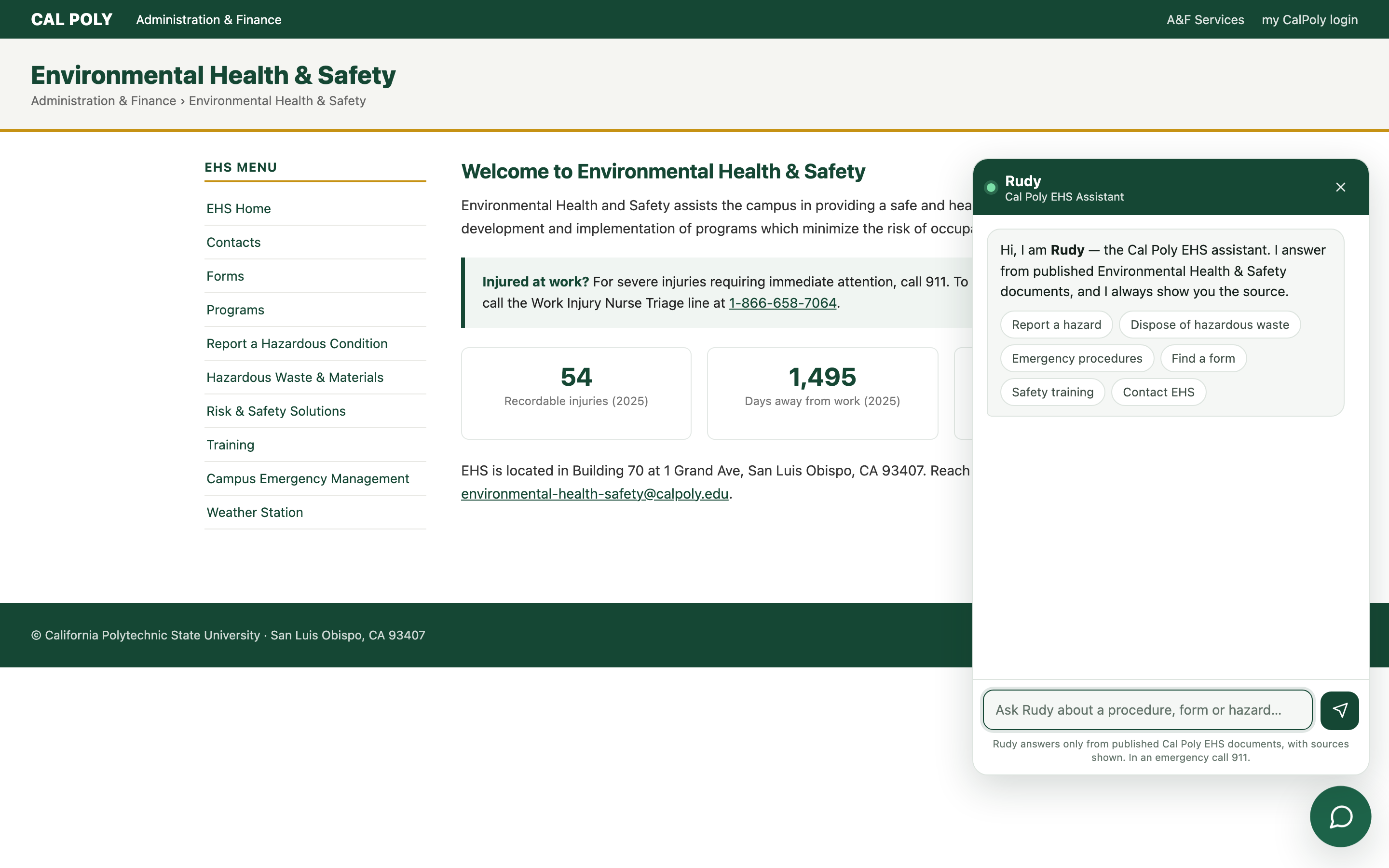 Rudy greeting with quick actions for hazards, waste, emergency procedures, forms and training.