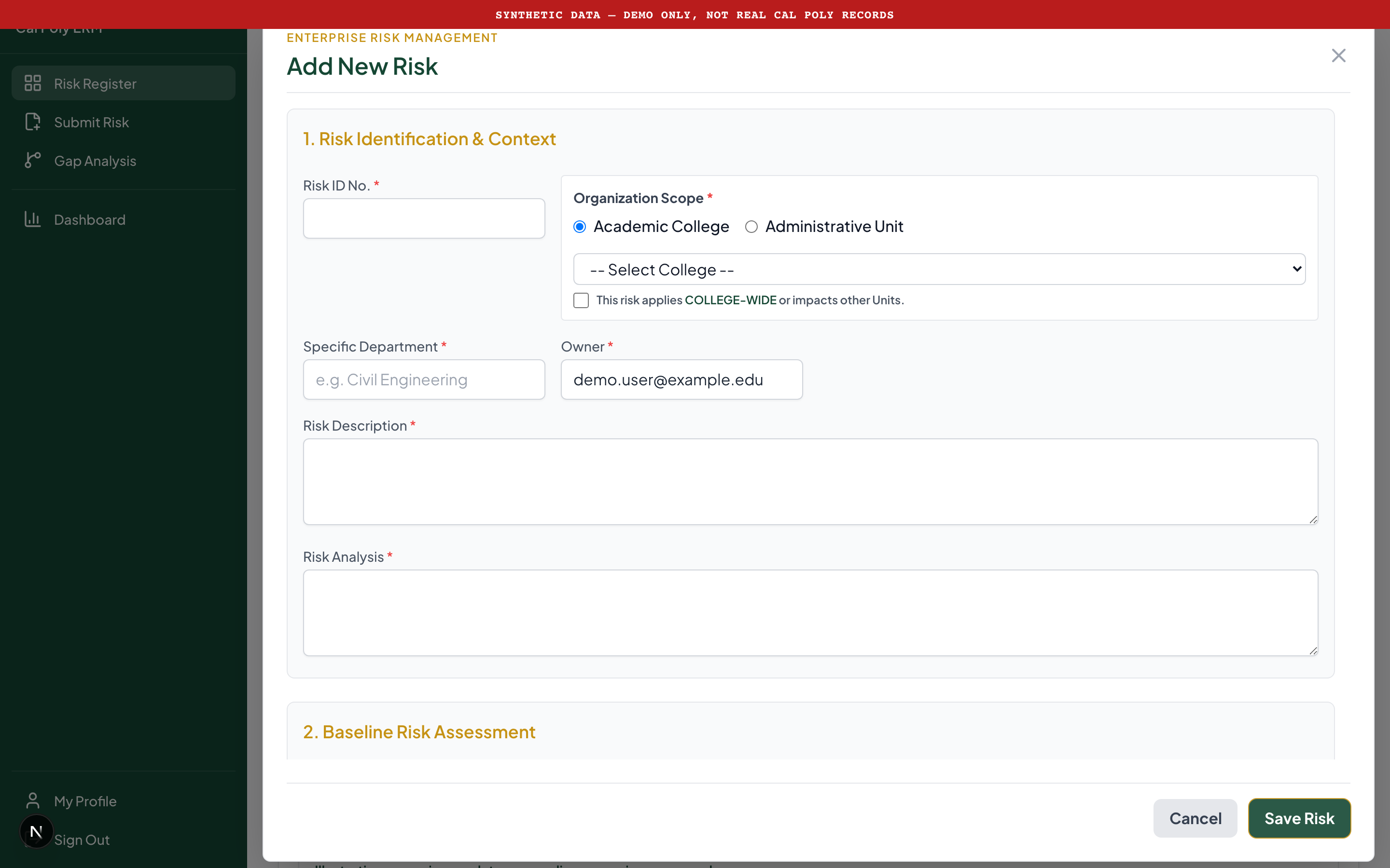 Empty risk-submission form in the synthetic demonstration.