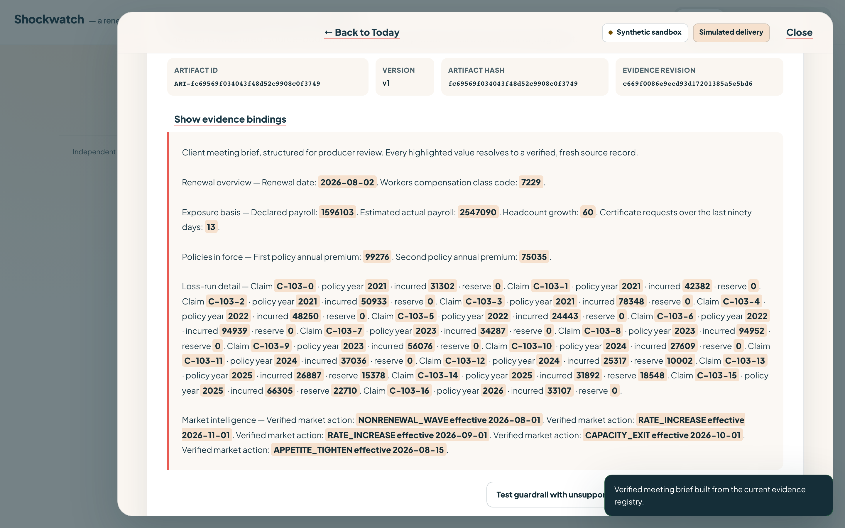 Verified meeting brief with values bound to hash-stamped synthetic evidence.