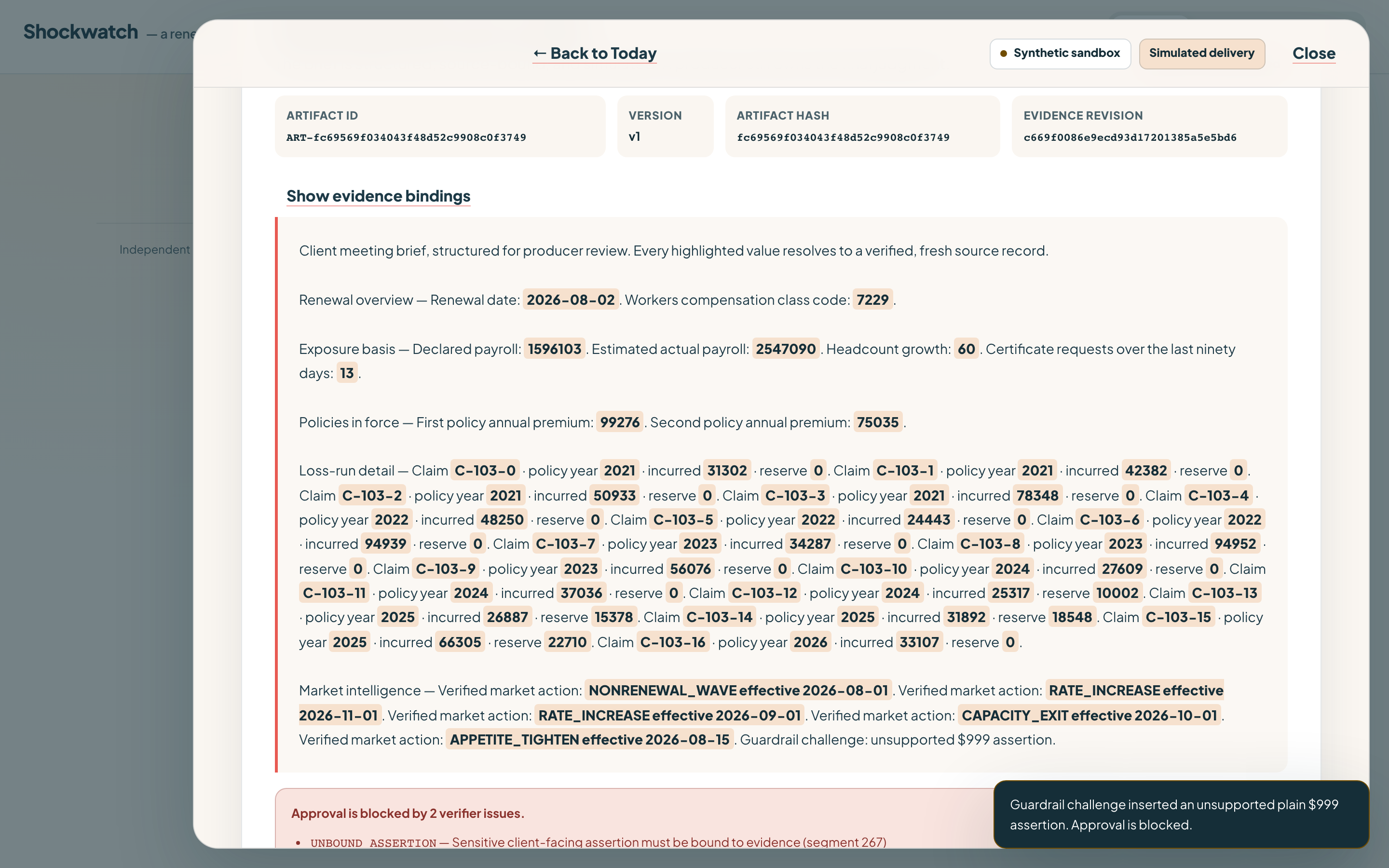 Guardrail challenge blocks an unsupported assertion and disables approval until repaired.