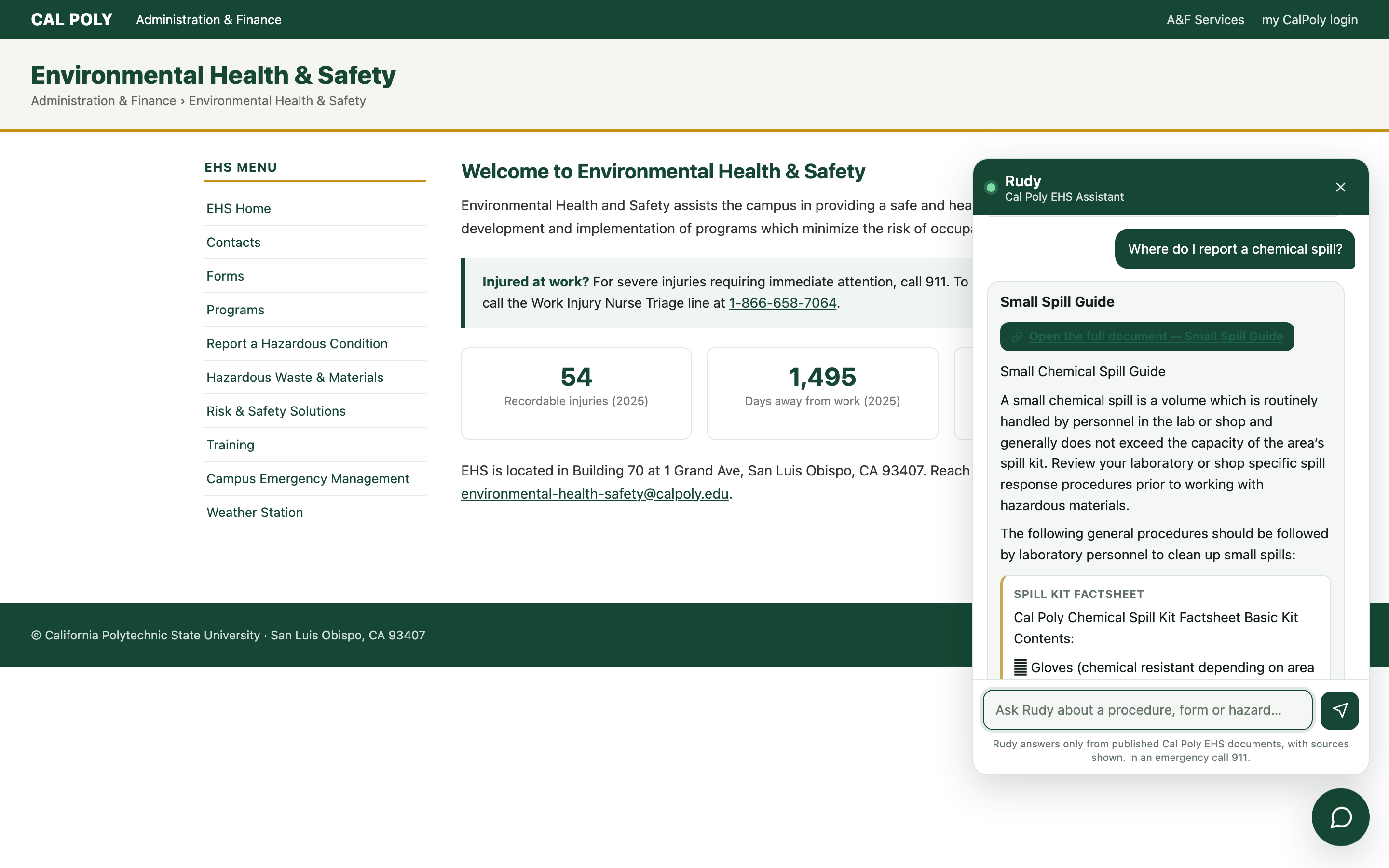 Rudy's chemical-spill answer with a cited Small Spill Guide and a link to the source document.