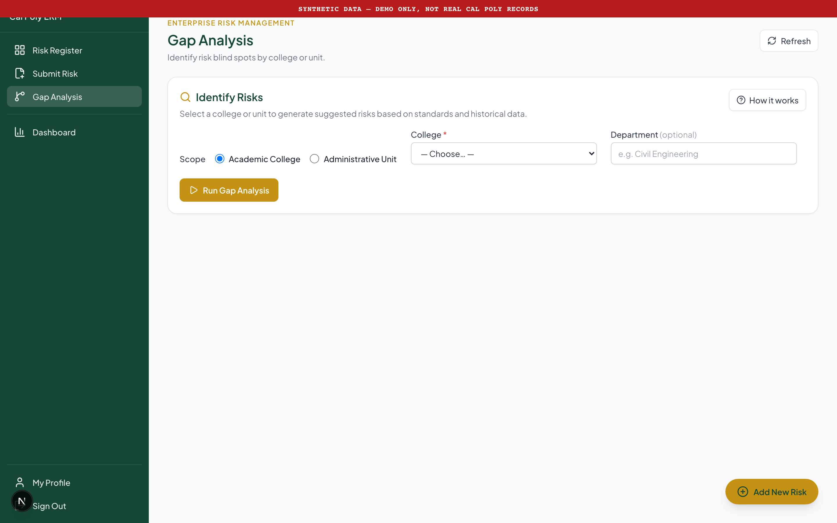 Gap-analysis tool awaiting a college or unit selection in the synthetic demonstration.