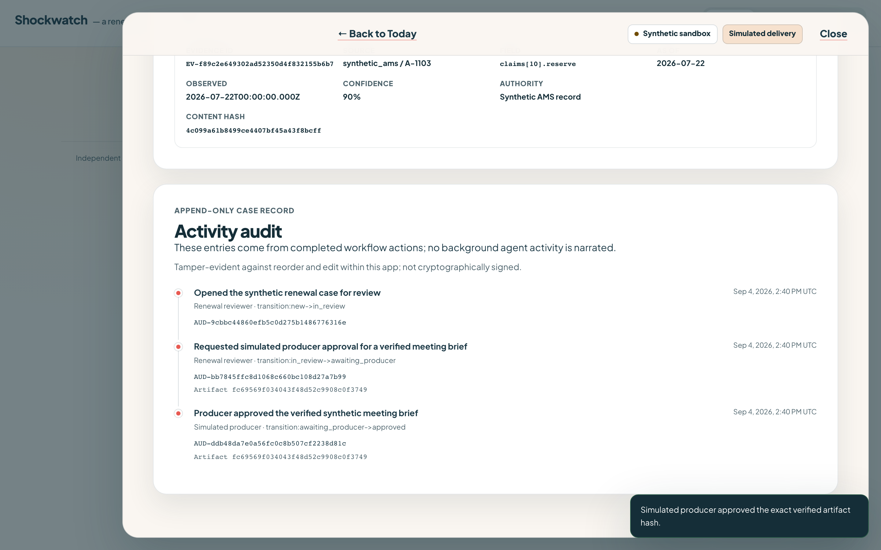 Append-only audit trail recording synthetic case review and simulated approval.