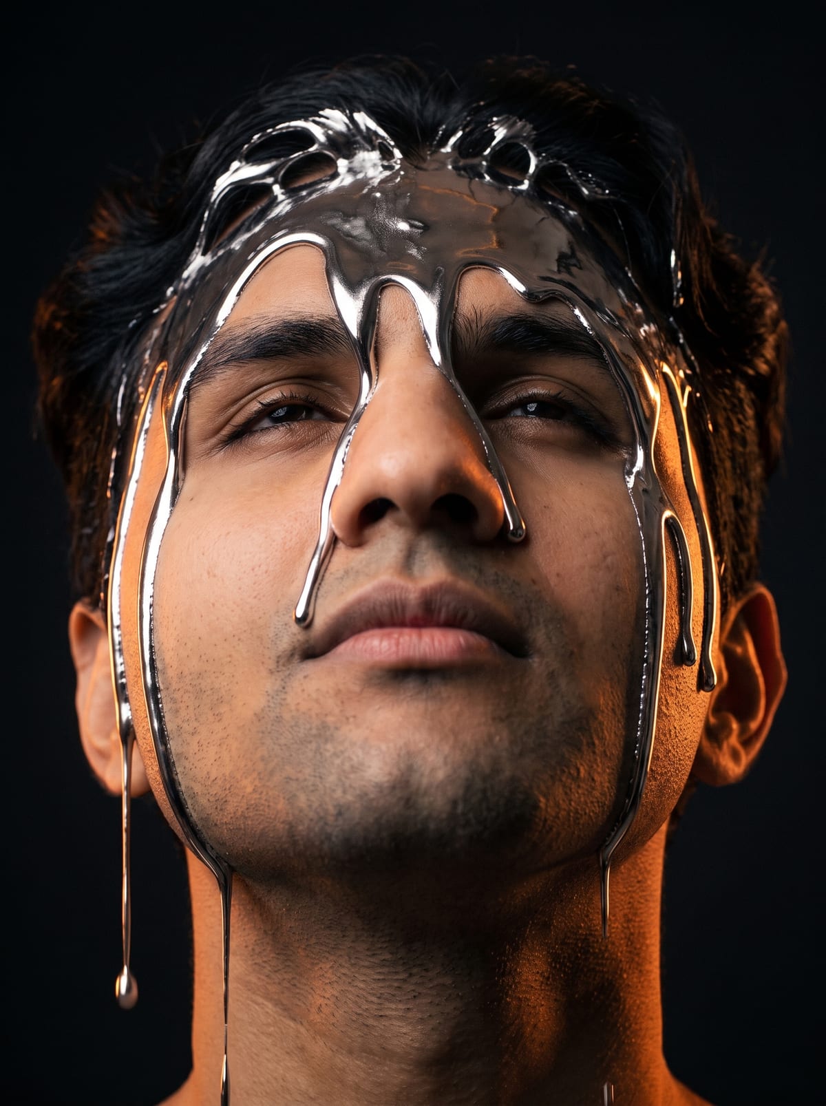 Rudra Khakhar with liquid chrome poured over his face