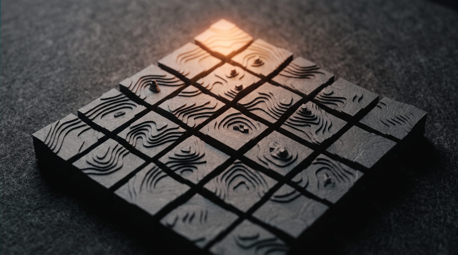 A 5 by 5 risk matrix rendered as terrain, heat rising through contour lines in charcoal and warm orange light