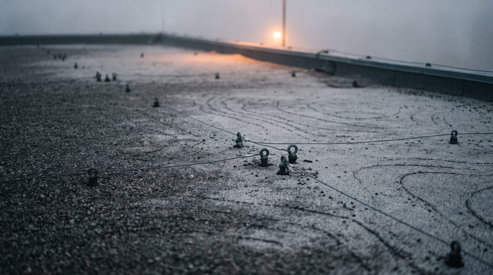 Rooftop anchor points at dawn, pinned as markers across a contour-mapped roofscape