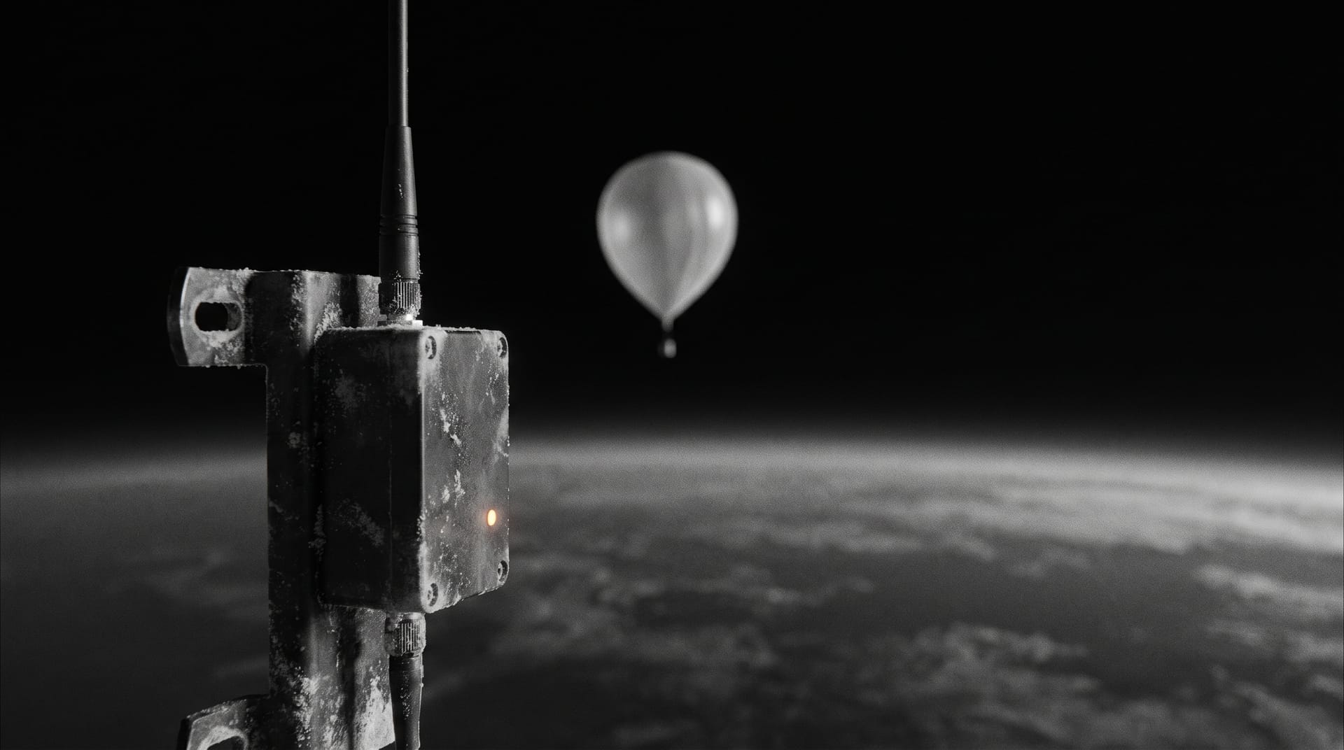 A balloon at the edge of space with the LoRa node device in the foreground and a thin blue line of atmosphere