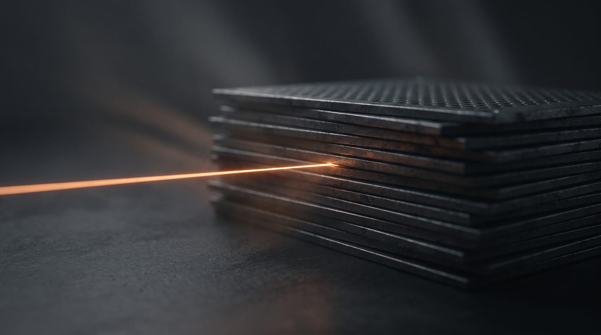 A single orange thread of light passing through a dark filter grid