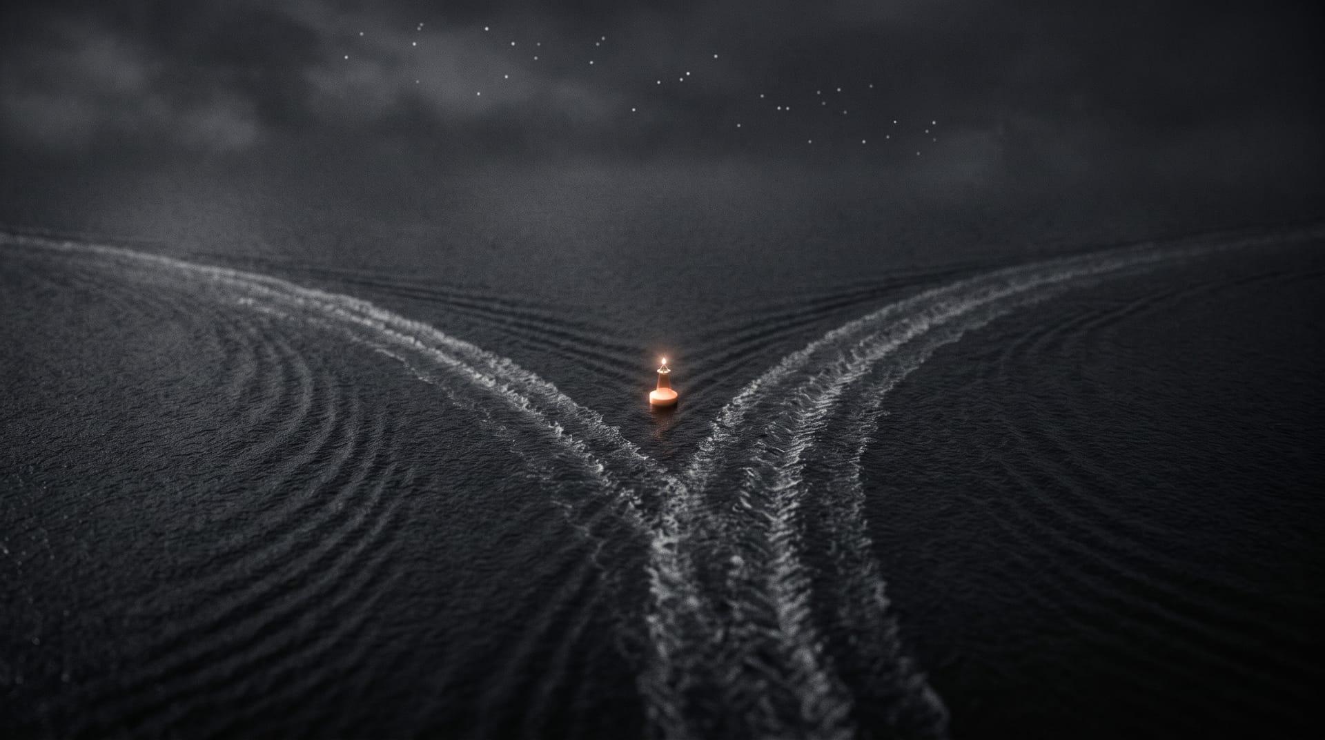 A ship's true track and a spoofed track diverging over dark water under a satellite constellation